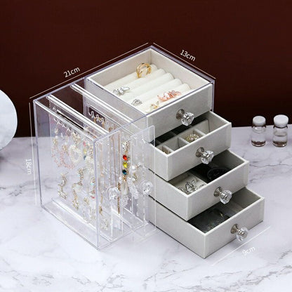 Acrylic Jewelry Organizer Box with Drawers and Earring Holder – Clear Storage Case for Rings, Watches & Accessories