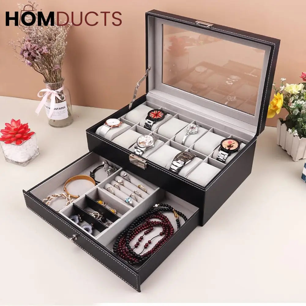 12 Slots Double layer PU Leather Watch Storage Box