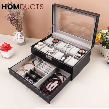 12 Slots Double layer PU Leather Watch Storage Box