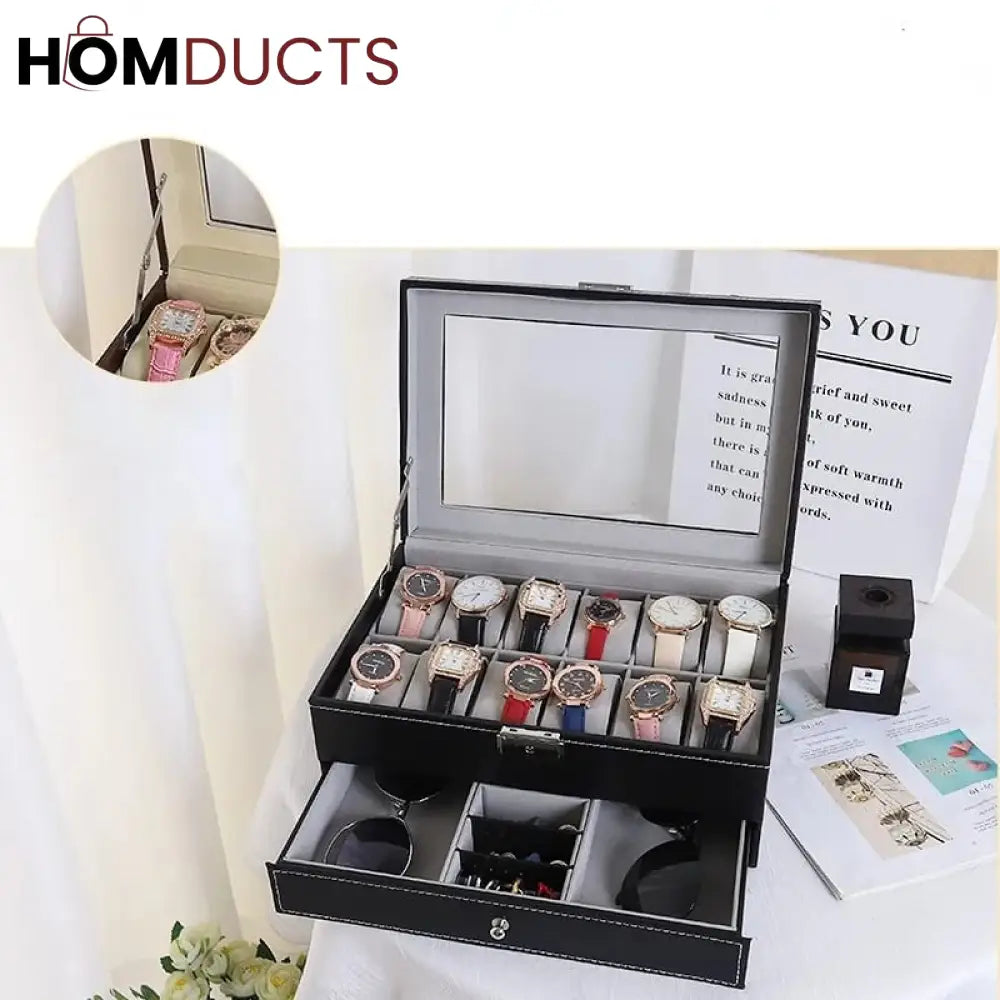 12 Slots Double layer PU Leather Watch Storage Box