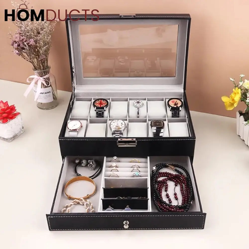 12 Slots Double layer PU Leather Watch Storage Box
