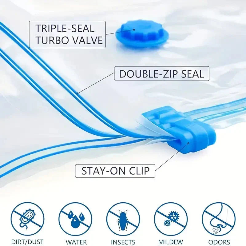 Premium Space Saver Vacuum Storage Bags (Set of 5) with Hand Pump, Double Zip Seal for Clothes, Bedding and Comforters