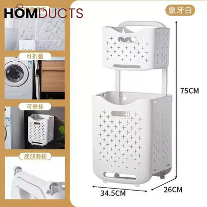2-Tier Rolling Laundry Basket with Handle – Folding Star-Cut Clothes Hamper Trolley