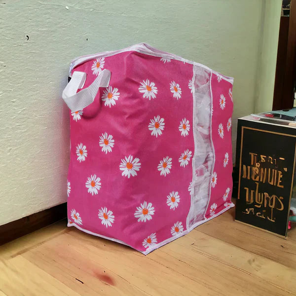 120 GSM Non-Woven Clothes Storage Bag – Foldable Floral Print Organizer (Pink/Green/Blue/Grey)