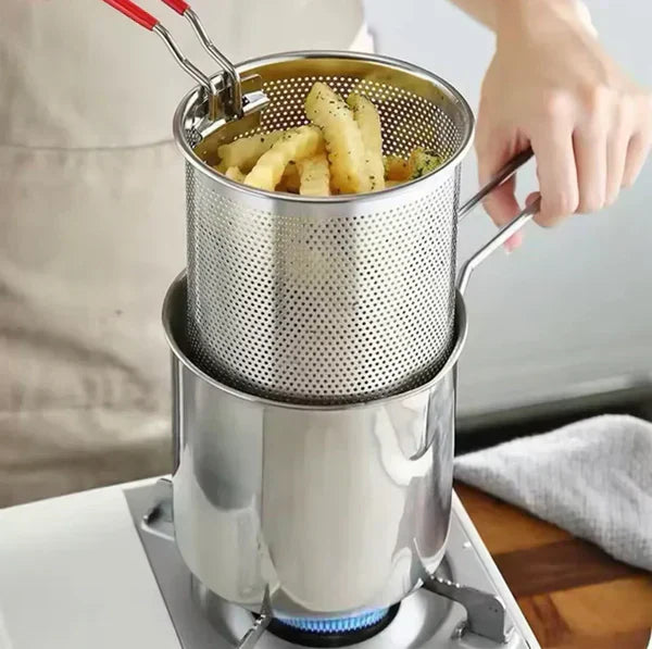 Stainless Steel 1.2L Deep Fryer Pot with Strainer & Heatproof Handle