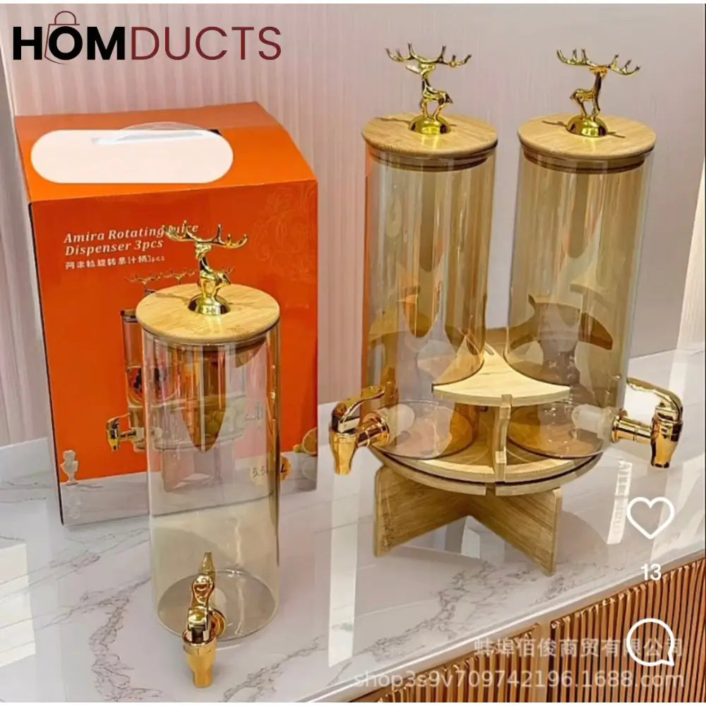 3-in-1 Rotating Beverage Dispenser with Golden Deer Lid – Elegant Glass Juice & Drink Dispenser for Parties, Events & Home Use