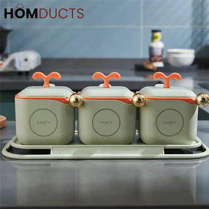 3-Piece Modern Spice Jar Set with Tray & Spoons – Airtight Containers for Kitchen Storage