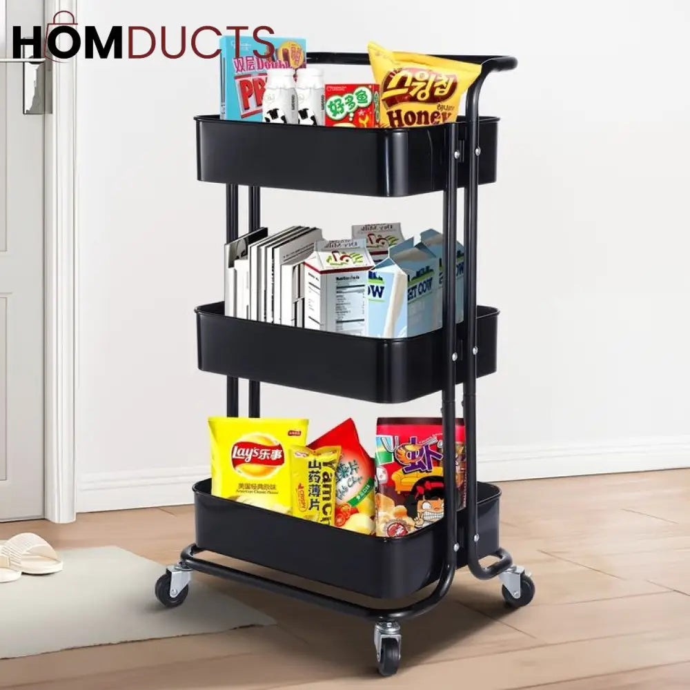 3 Tier Foldable Metal Cart With Wheels