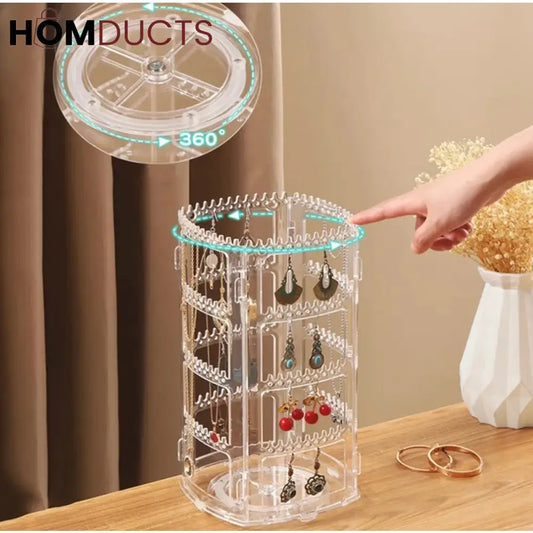 360° Luxe Rotating Jewelry Organizer – Transparent Acrylic Earring & Necklace Display Stand