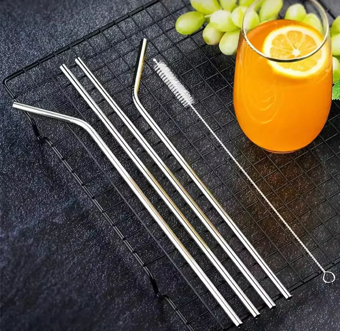 Stainless Steel Straws (4-Piece Set) with Cleaning Brush – Reusable & Eco-Friendly
