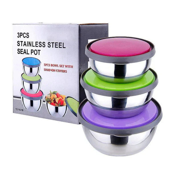Premium Quality 3Pcs Stainless Steel Bowl Set with Lids – Airtight Food Storage Containers for Kitchen