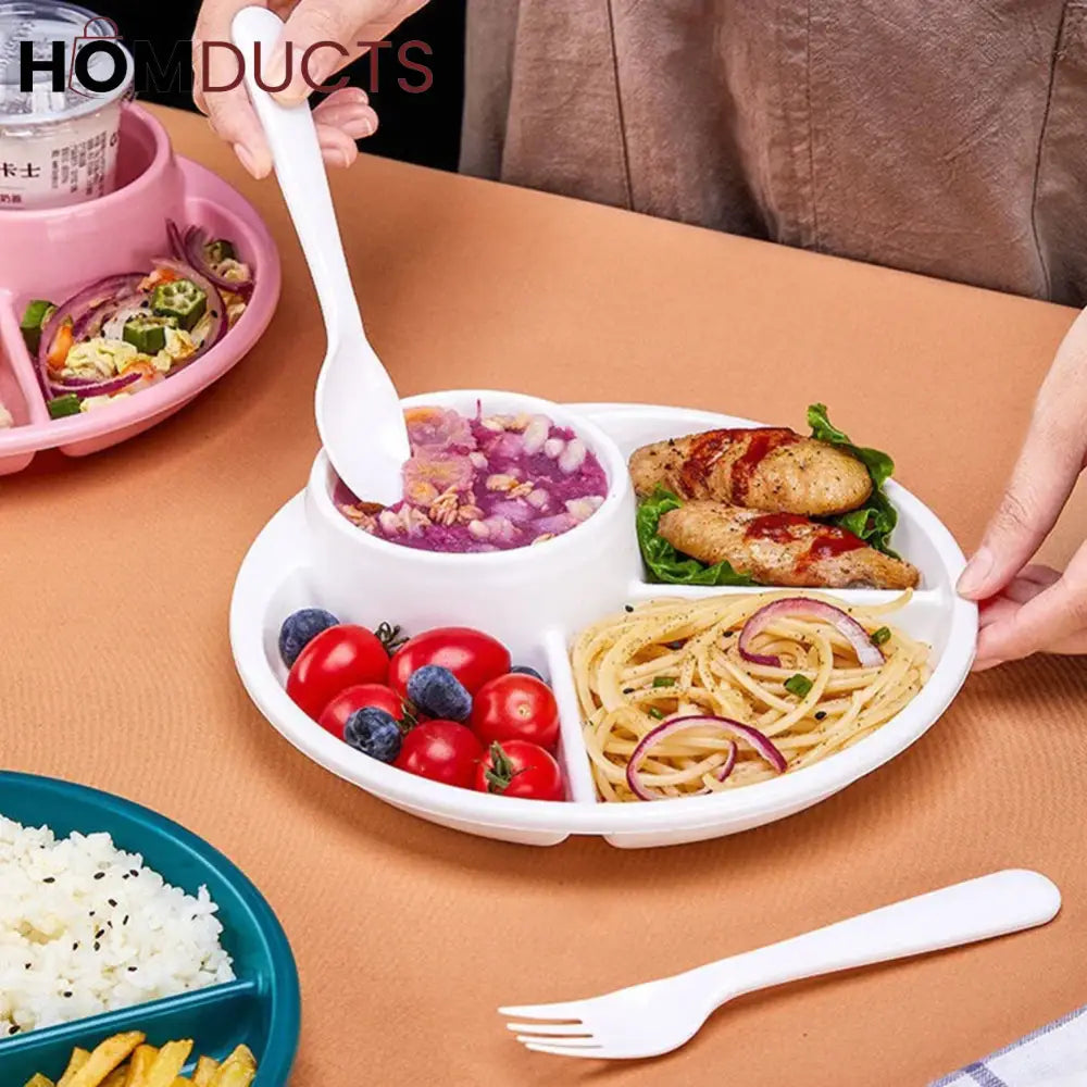 4 Compartment Round Plastic Dinner Plate With Fork Spoon Microwave safe
