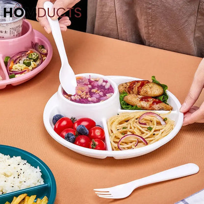 4 Compartment Round Plastic Dinner Plate With Fork Spoon Microwave safe