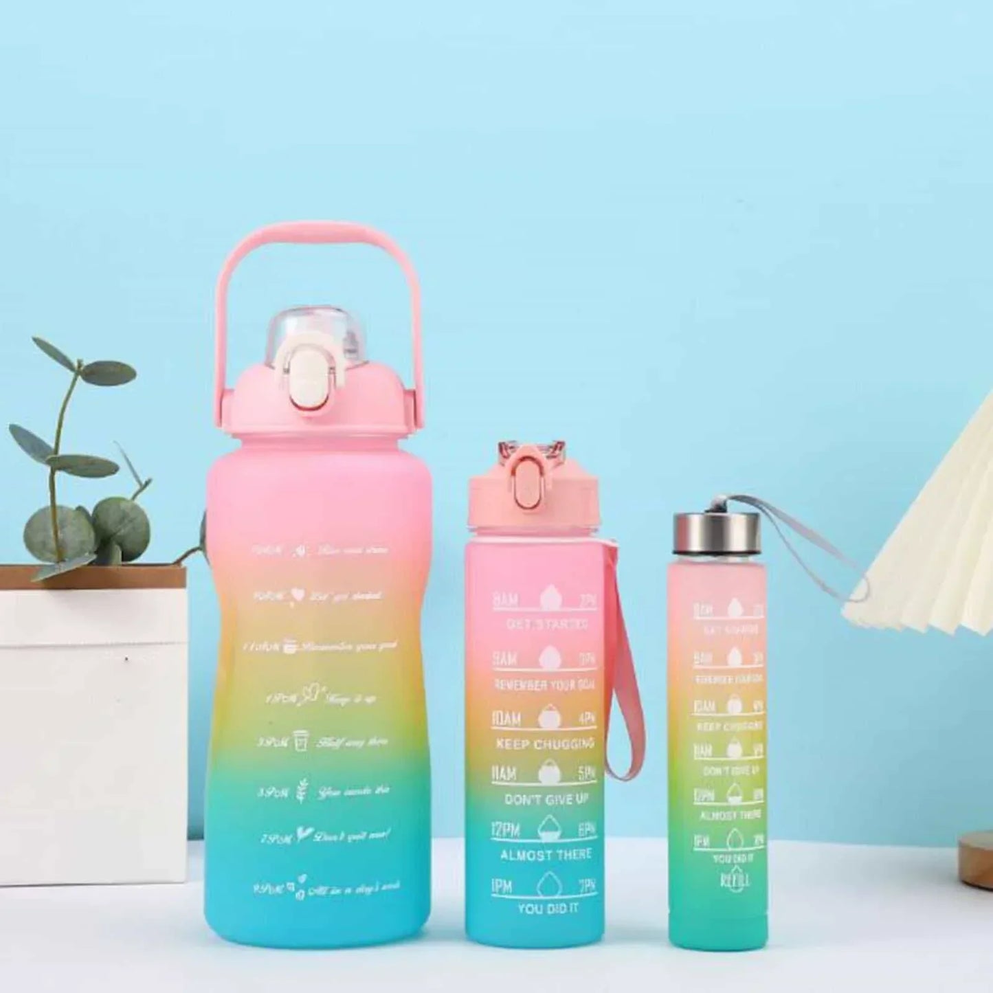 Premium Gradient Colour Water Bottle Set of 3, Large Capacity Motivational Hydration Bottles for Gym, Office and Kids