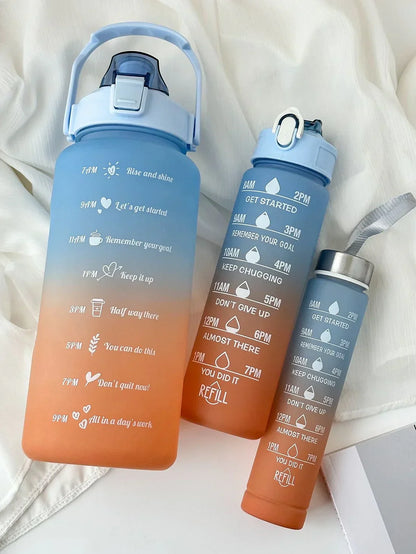 Premium Gradient Colour Water Bottle Set of 3, Large Capacity Motivational Hydration Bottles for Gym, Office and Kids