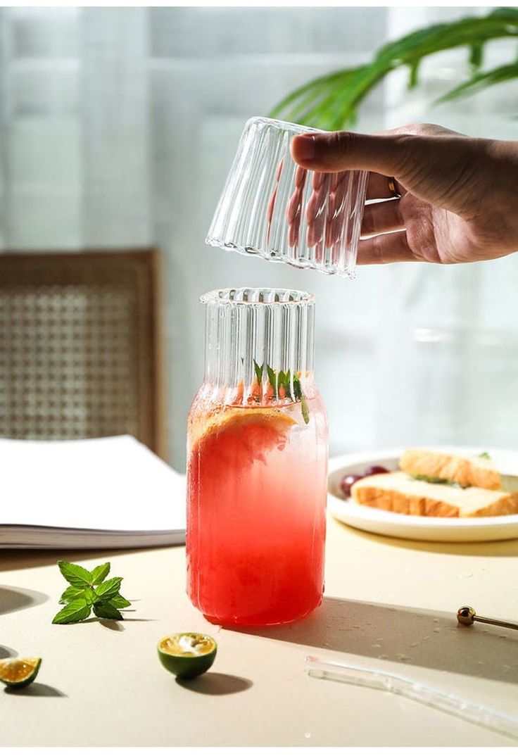 Elegant Ribbed Glass Water and Milk Jug Set – Clear Vintage-Style Carafe with Matching Drinking Glass for Kitchen and Dining