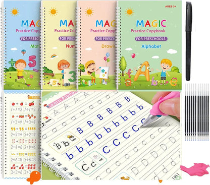 4pcs Sank Magic Practice Copybook Set – Reusable Handwriting Books with 10 Refills for Kids