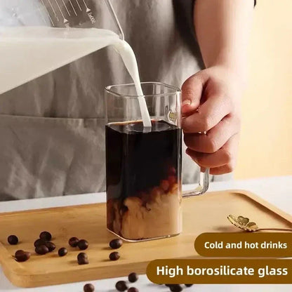 Square Glass Coffee Mug with Wooden Lid & Straw – 400ml Transparent Tumbler Glass with Colored Handle in Pakistan