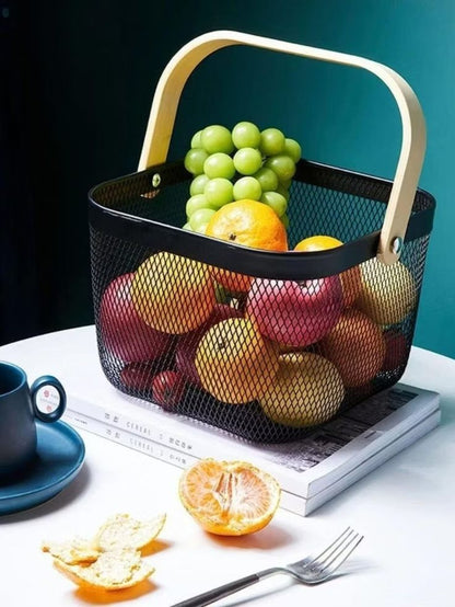 Modern Metal Mesh Fruit Basket with Wooden Handle – Stylish Kitchen Counter Storage for Fruits and Vegetables