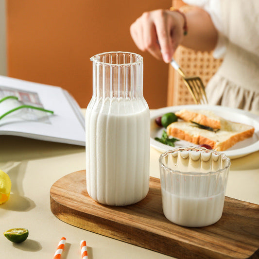 Elegant Ribbed Glass Water and Milk Jug Set – Clear Vintage-Style Carafe with Matching Drinking Glass for Kitchen and Dining
