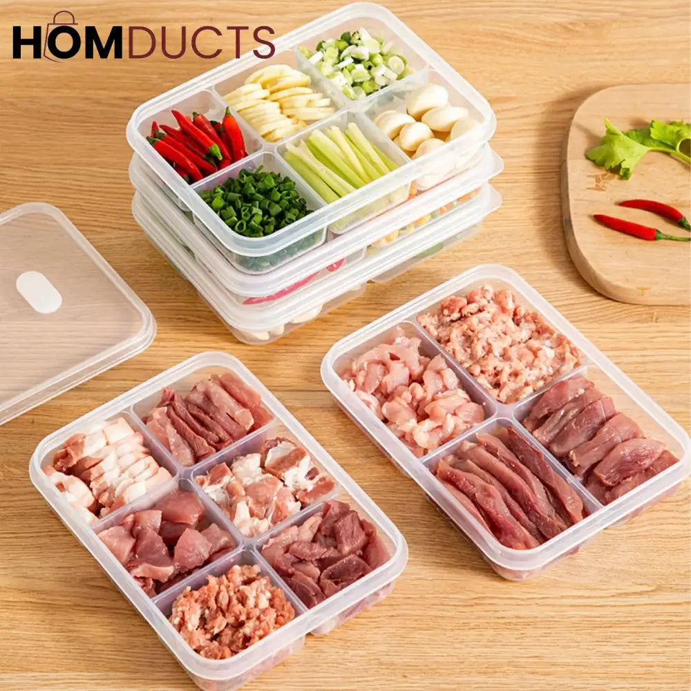 6-Grid Fridge & Freezer Food Storage Box with Lid - Reusable Plastic Container