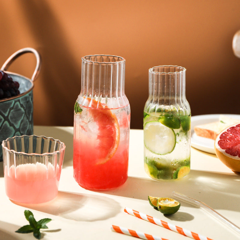 Elegant Ribbed Glass Water and Milk Jug Set – Clear Vintage-Style Carafe with Matching Drinking Glass for Kitchen and Dining