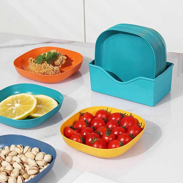 Set of 10 Reusable Plastic Plates with Stand – Food Serving Dish Rack Combo