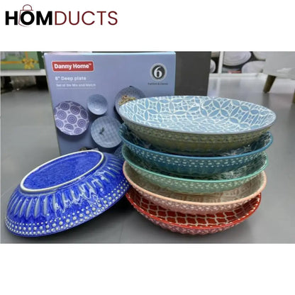 8-Inch Multicolor Ceramic Dinner Plates - Set of 6