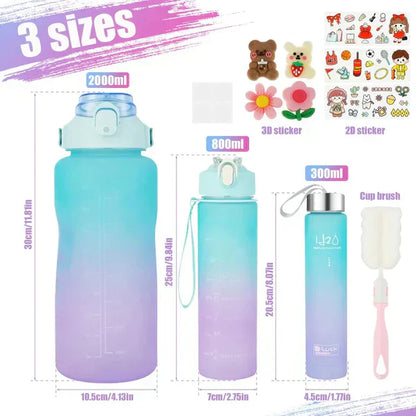 Premium Gradient Colour Water Bottle Set of 3, Large Capacity Motivational Hydration Bottles for Gym, Office and Kids