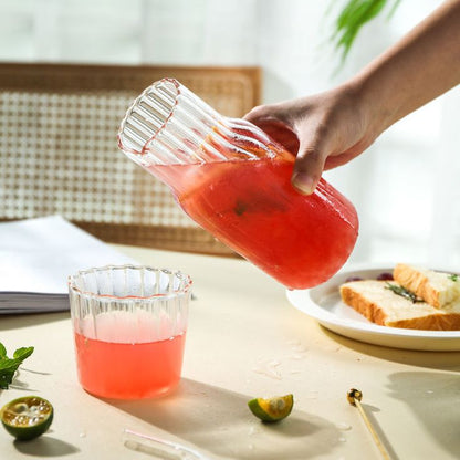 Elegant Ribbed Glass Water and Milk Jug Set – Clear Vintage-Style Carafe with Matching Drinking Glass for Kitchen and Dining