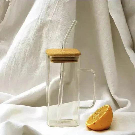 Square Glass Coffee Mug with Wooden Lid & Straw – 400ml Transparent Tumbler Glass with Colored Handle in Pakistan