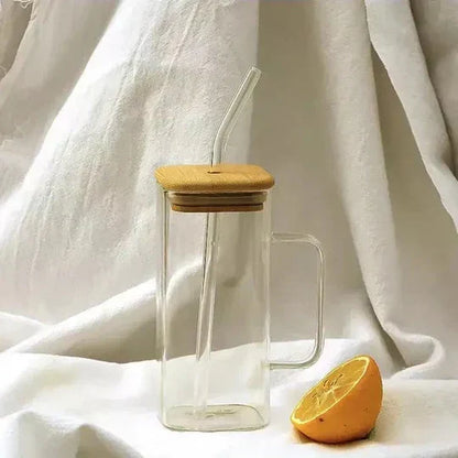 Square Glass Coffee Mug with Wooden Lid & Straw – 400ml Transparent Tumbler Glass with Colored Handle in Pakistan