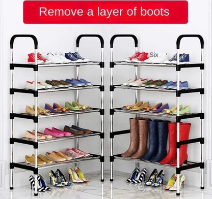 Premium 5 Tier Classic Stainless Steel Shoe Rack, Stackable Multilayer Shoe Organizer Shelf for Entryway