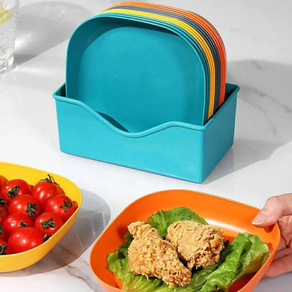 Set of 10 Reusable Plastic Plates with Stand – Food Serving Dish Rack Combo
