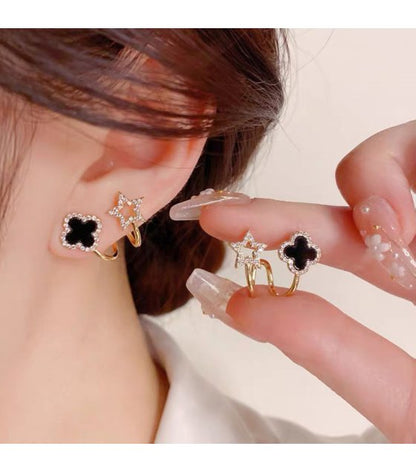 Elegant Star & Clover Earrings – Black & White Fashion Jewelry for Women