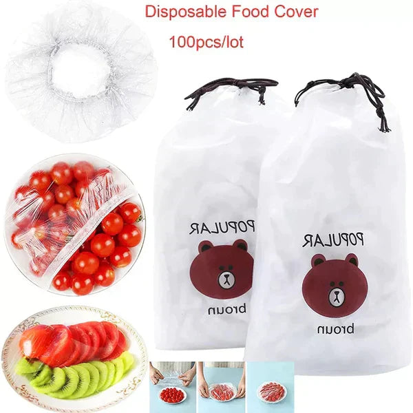 Pack of 100 - Disposable Plastic Food Covers Stretchable Elastic Wraps