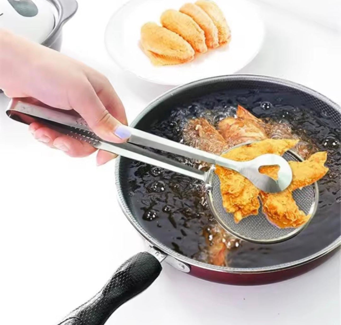 Premium Stainless Steel Oil Strainer Tong – Heat Resistant Frying Filter Clamp