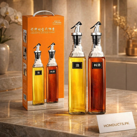 Luxury Glass Oil & Vinegar Dispenser Set with Precision Pour Spout – Leak-Proof Kitchen Bottles | Homducts.pk