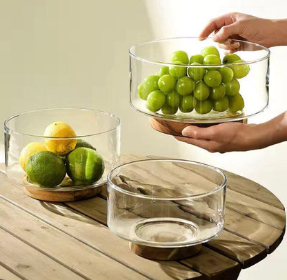 Premium Glass Fruit Bowl with Wooden Base – Elegant Serving & Kitchen Display Bowl (1 PC)