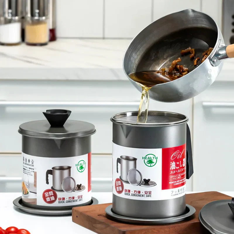 1.4L Stainless Steel Oil Filter Pot – With Lid, Strainer & Drip-Free Spout