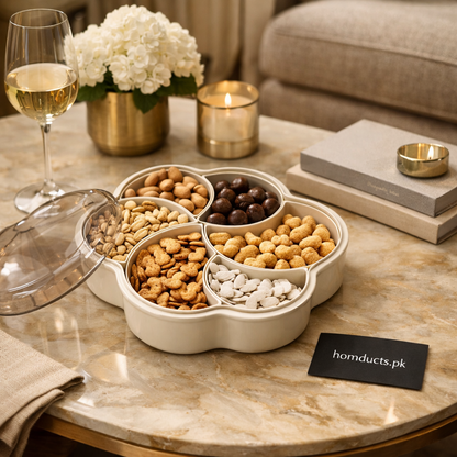 Modern 5-Compartment Serving Tray with Clear Lids - Keep Snacks Fresh & Organized