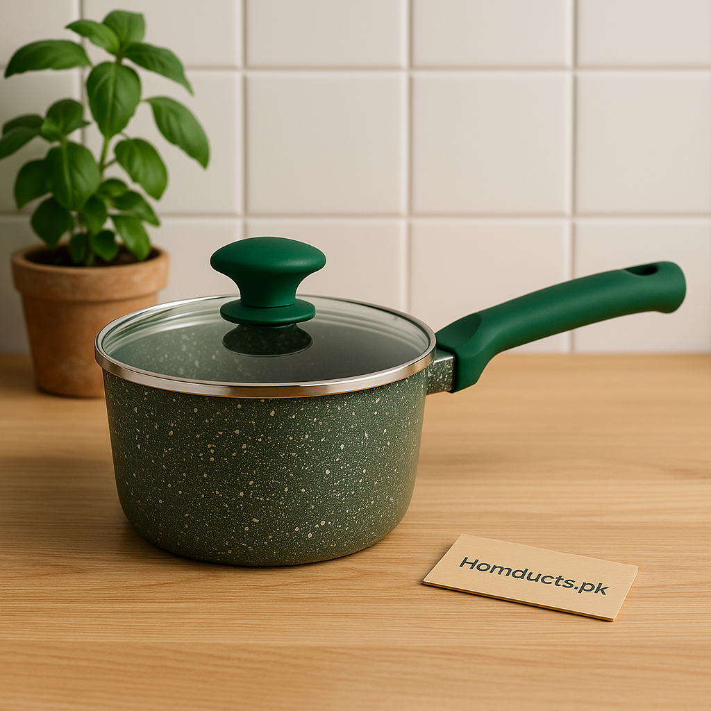 Prestige Premium Non-Stick Granite Saucepan with Glass Lid – Green (High-Heat & Scratch-Resistant) (16cm)