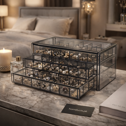 Clear Acrylic 3-Layer Jewelry Organizer Box Drawer Storage Case for Earrings, Rings & Accessories