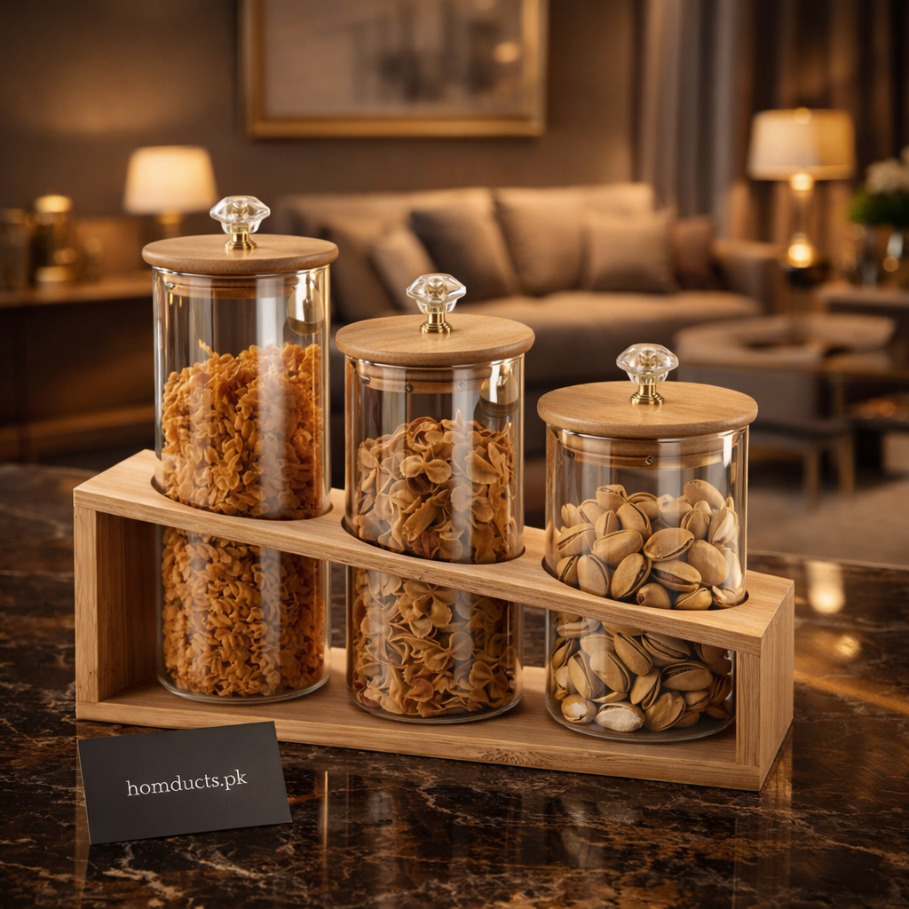 Luxury Glass Kitchen Storage Jars Set with Wooden Stand & Crystal Knobs (3-Piece)