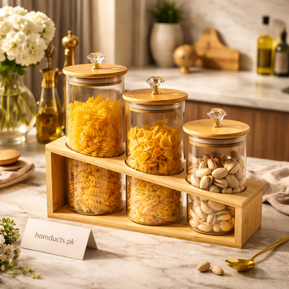 Luxury Glass Kitchen Storage Jars Set with Wooden Stand & Crystal Knobs (3-Piece)