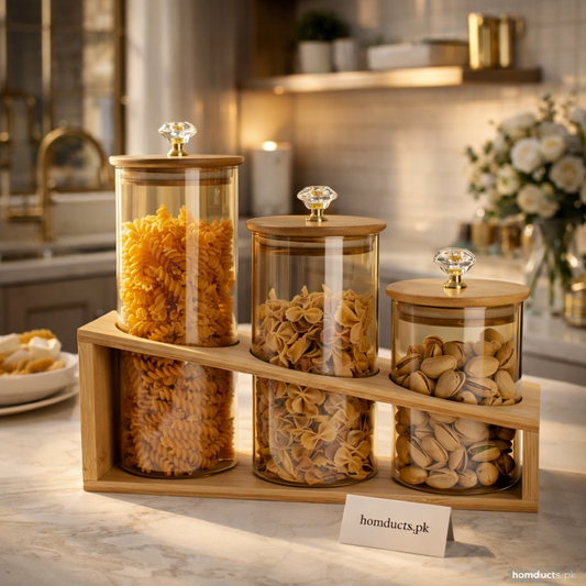 Luxury Glass Kitchen Storage Jars Set with Wooden Stand & Crystal Knobs (3-Piece)