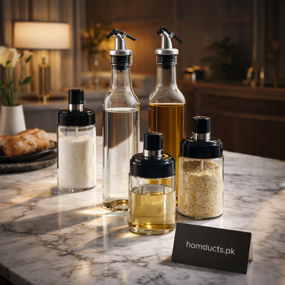 Premium Glass Oil & Seasoning Dispenser Set – 5 Pcs | Oil Bottle + Salt & Spice Jars | Kitchen Countertop Storage Set