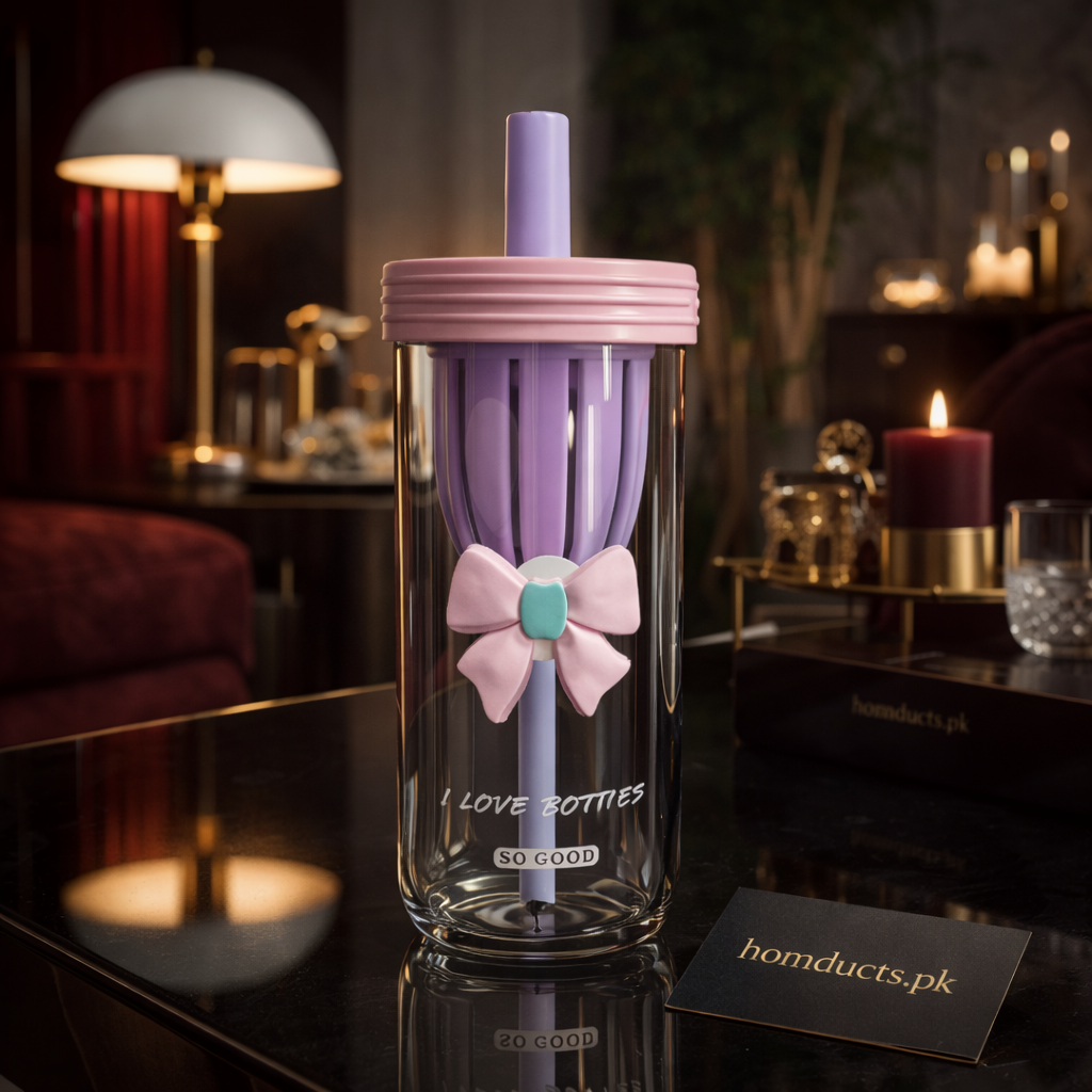 Elegant Bow Glass Tumbler with Straw – Premium Aesthetic Drink Bottle