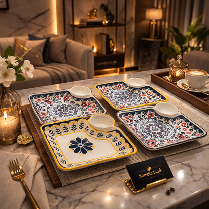 Premium Ceramic Serving Platter with Built-in Dip Bowl – Elegant Sectioned Snack & Appetizer Plate