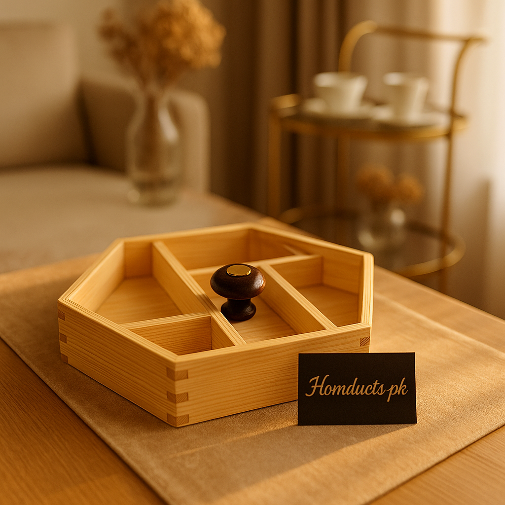 HexaWood Premium 5-Compartment Wooden Dry Fruit & Snack Organizer Tray – With Lid Knob